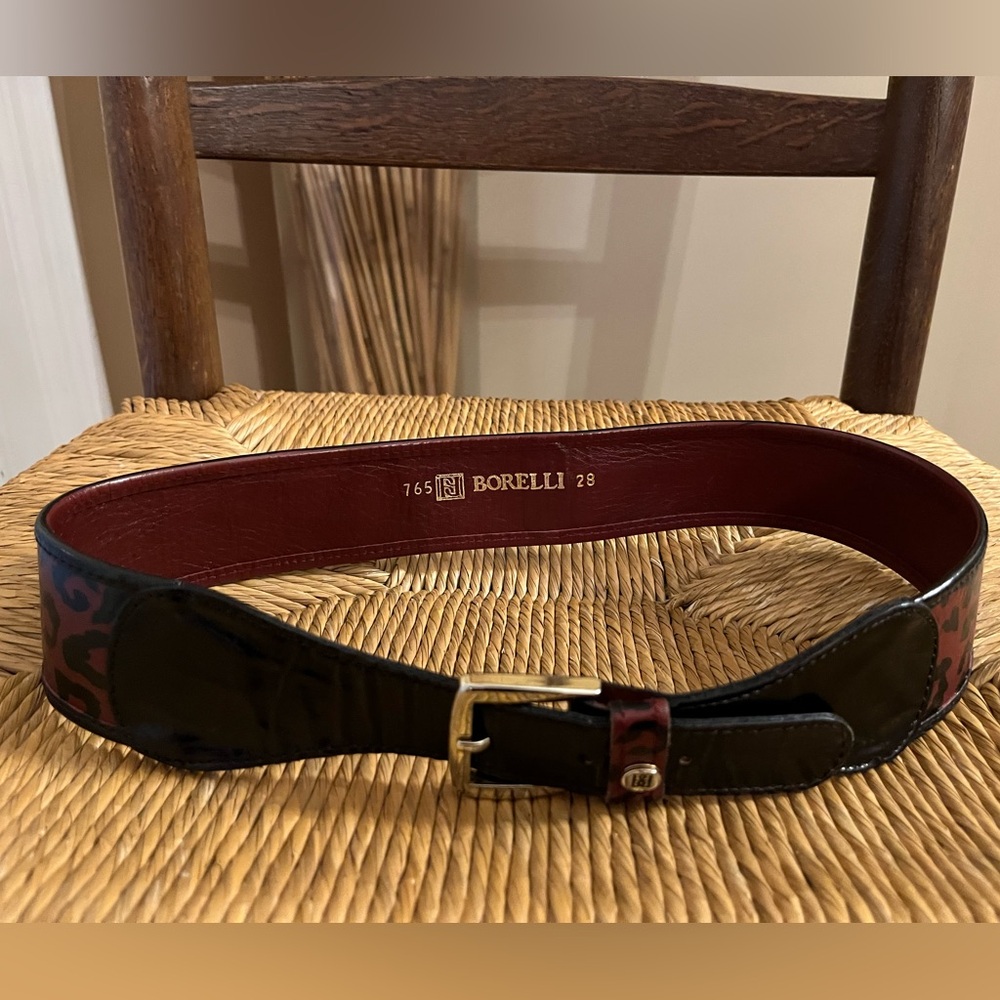 Borelli patent leather belt red and black leopard print silver-tone buckle SZ 28